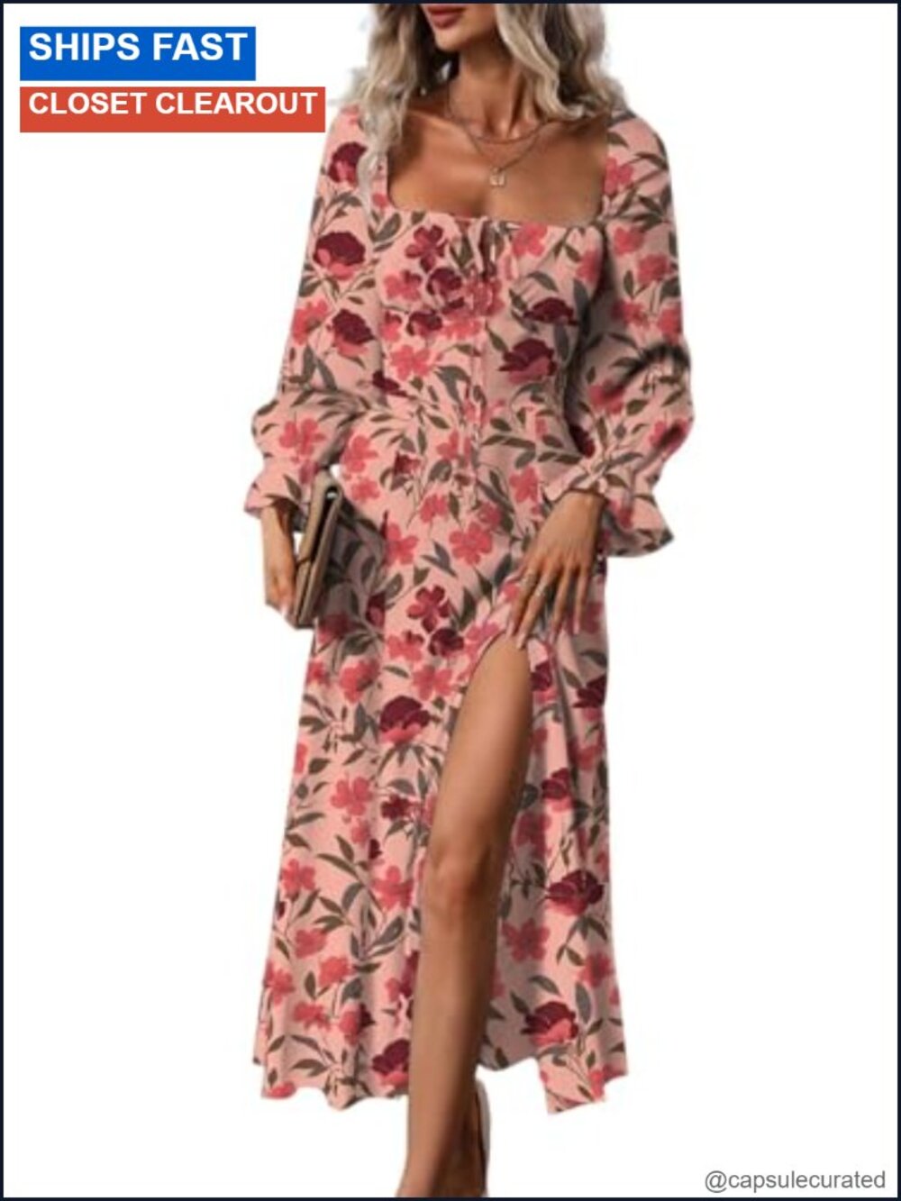 Womens Boho Floral Square Neck Long Sleeve Side Split Midi Dress